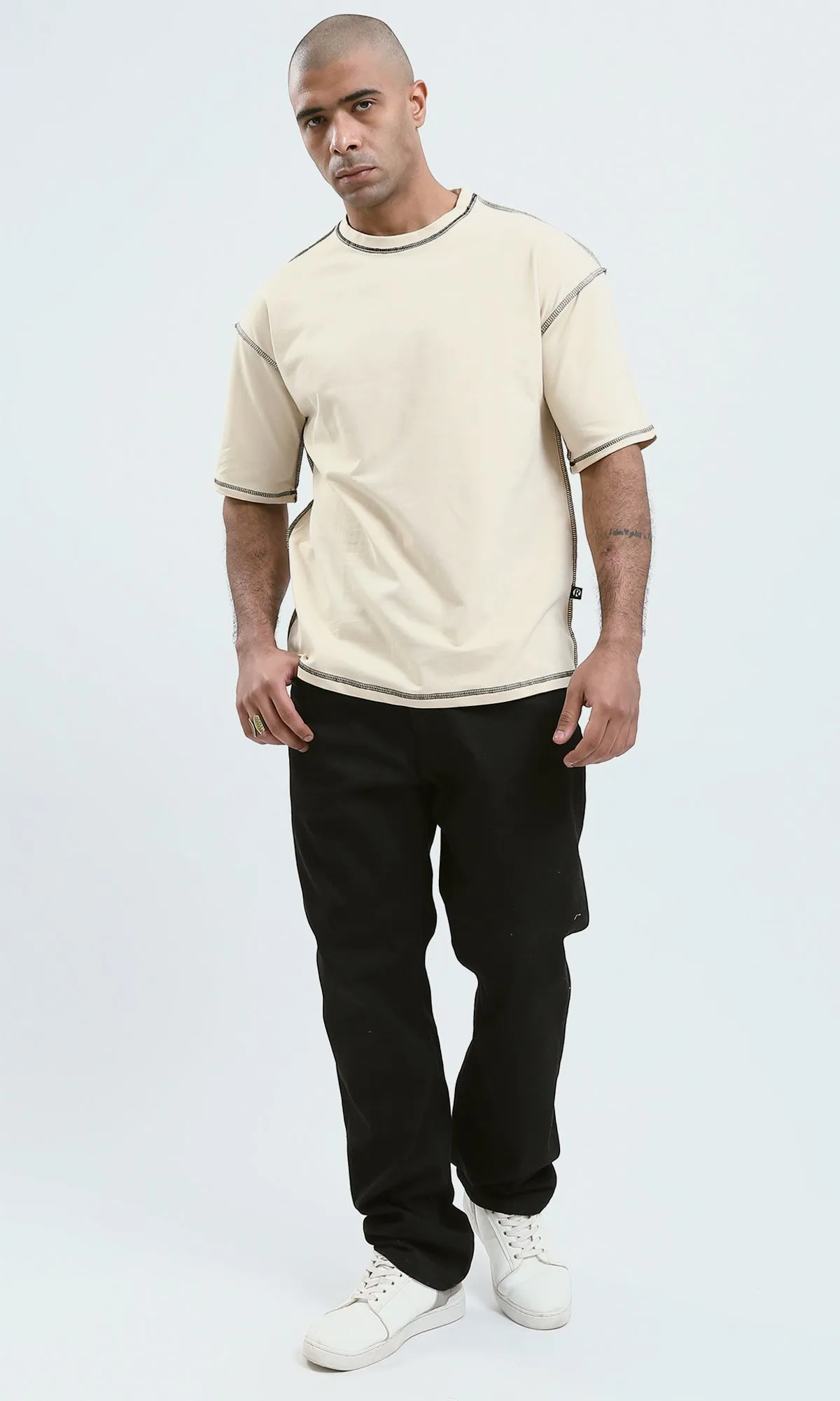 O181698 - Beige Short Sleeves Slip On Solid Tee