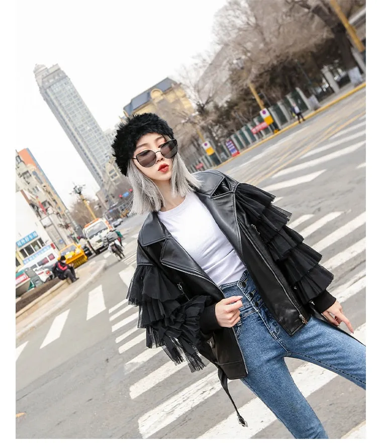 Oversized Leather Biker Jacket with Ruffled Sleeves