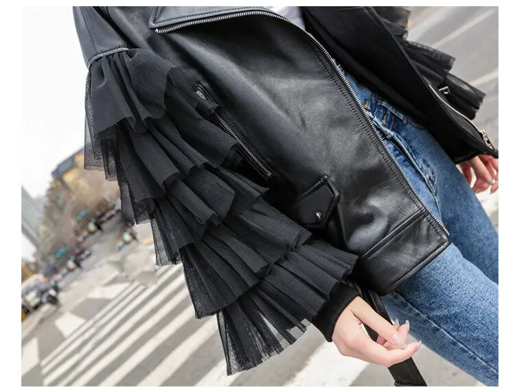 Oversized Leather Biker Jacket with Ruffled Sleeves