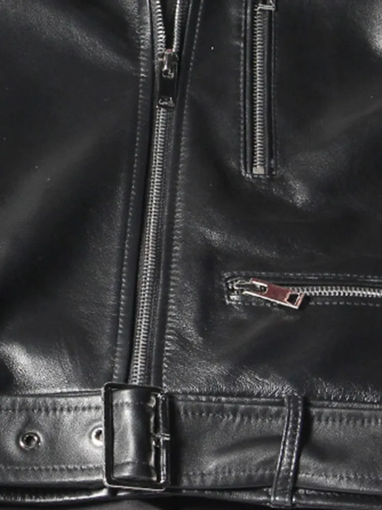 Oversized Leather Biker Jacket with Ruffled Sleeves