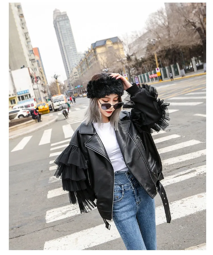 Oversized Leather Biker Jacket with Ruffled Sleeves