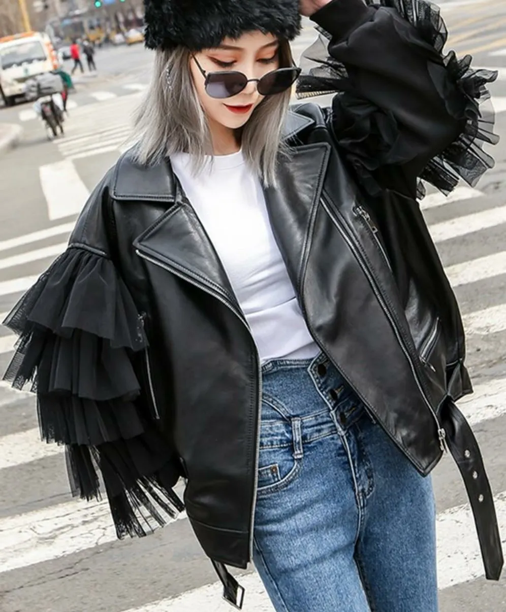 Oversized Leather Biker Jacket with Ruffled Sleeves