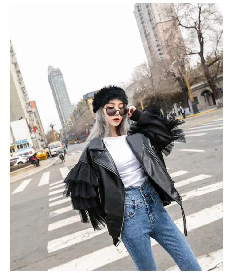 Oversized Leather Biker Jacket with Ruffled Sleeves
