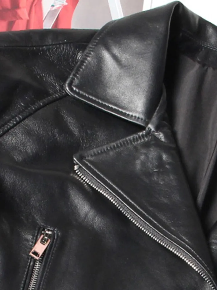 Oversized Leather Biker Jacket with Ruffled Sleeves