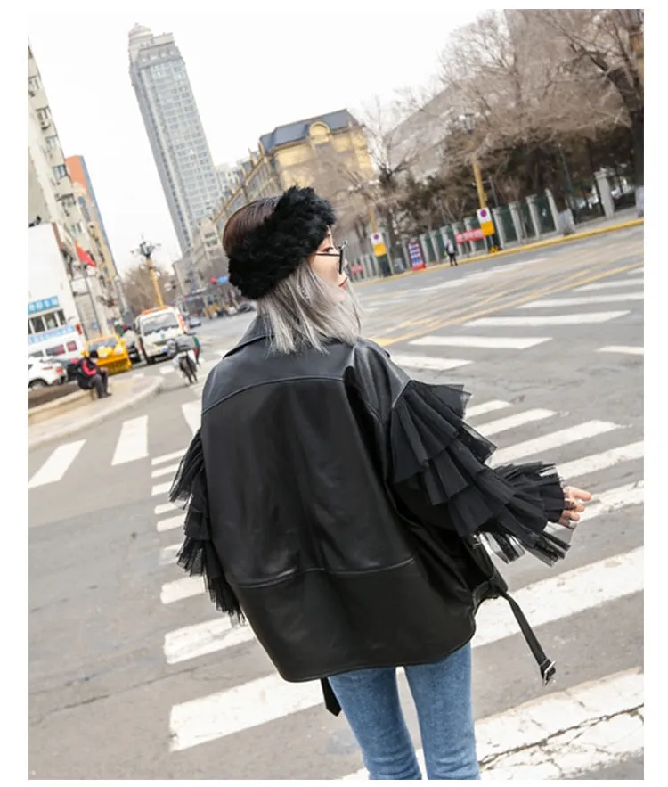 Oversized Leather Biker Jacket with Ruffled Sleeves