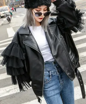 Oversized Leather Biker Jacket with Ruffled Sleeves