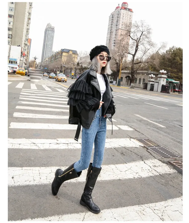 Oversized Leather Biker Jacket with Ruffled Sleeves