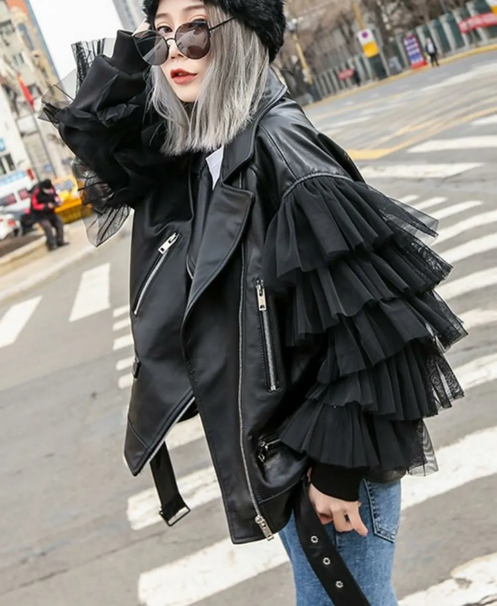 Oversized Leather Biker Jacket with Ruffled Sleeves