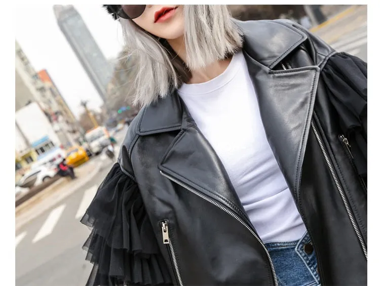 Oversized Leather Biker Jacket with Ruffled Sleeves