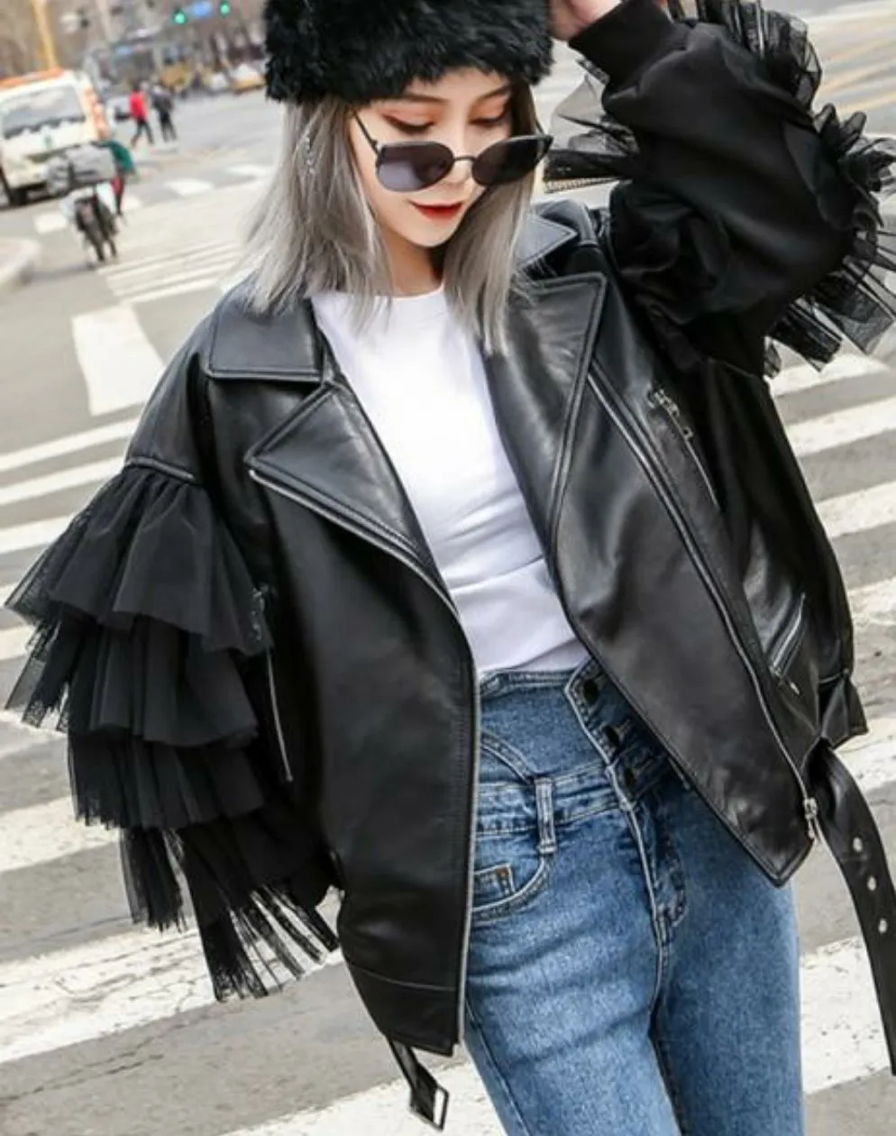 Oversized Leather Biker Jacket with Ruffled Sleeves