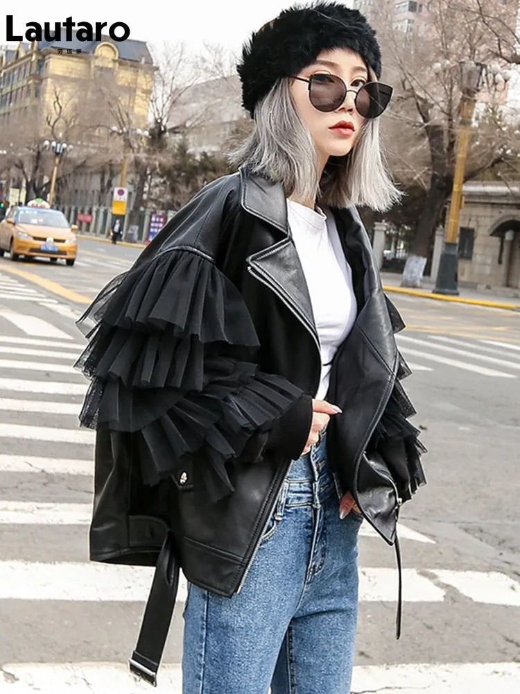 Oversized Leather Biker Jacket with Ruffled Sleeves