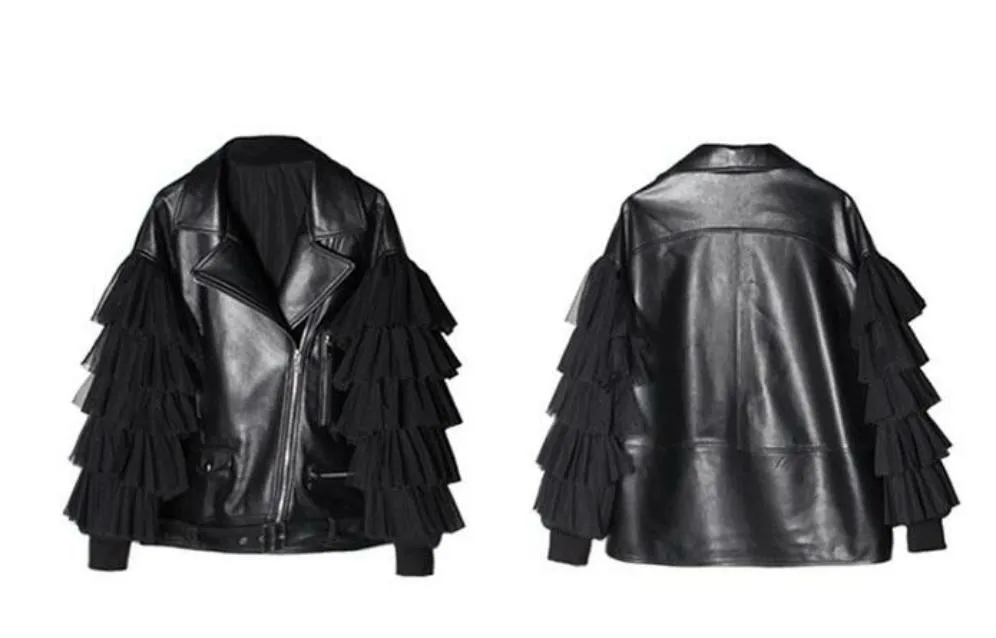 Oversized Leather Biker Jacket with Ruffled Sleeves