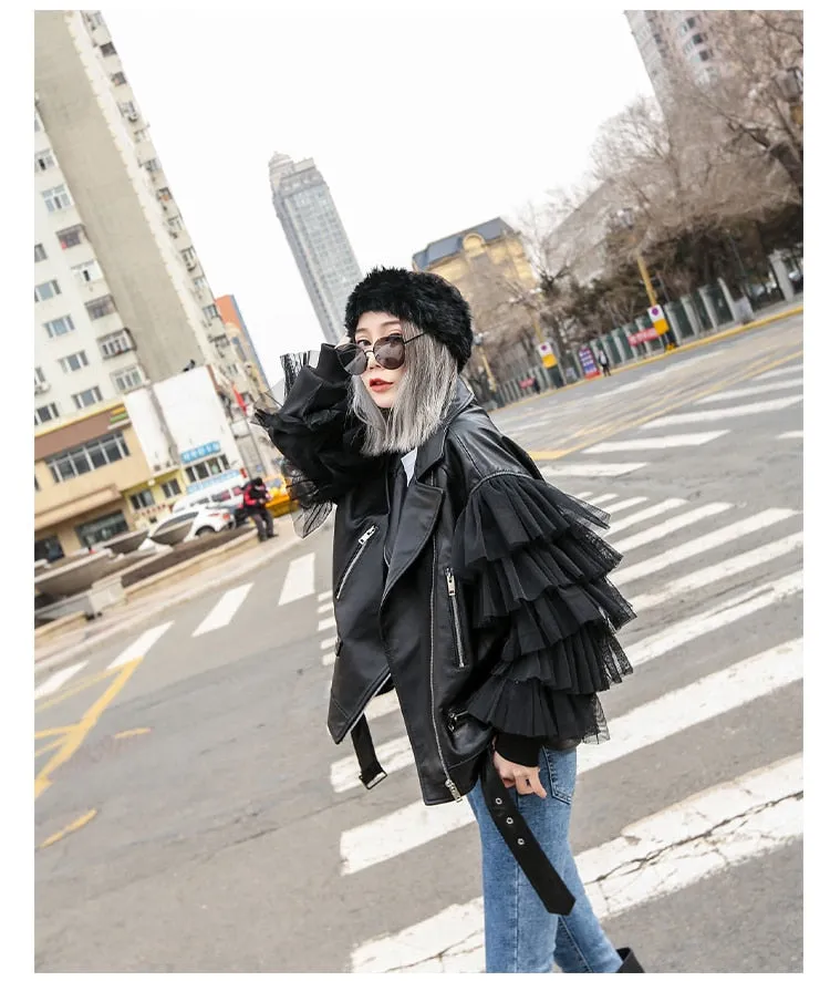 Oversized Leather Biker Jacket with Ruffled Sleeves