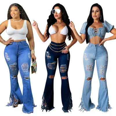 Ripped Fringed Flared Washed Women Jeans