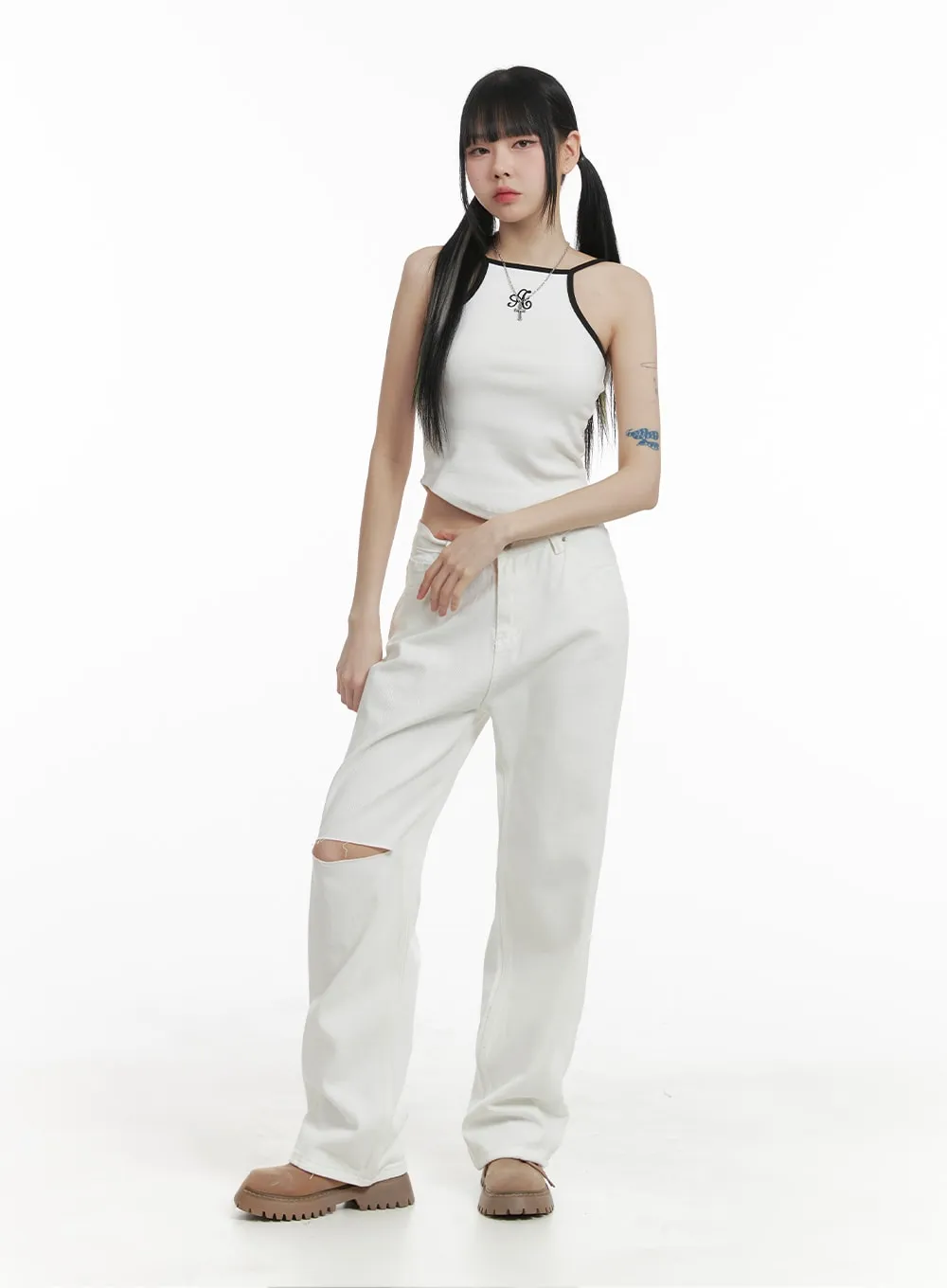 Ripped Knee Cotton Pants OM426