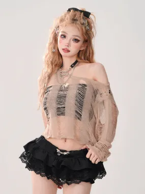 Short Top Ripped   Knit Off-Shoulder Lace-Up Top Back Tube
