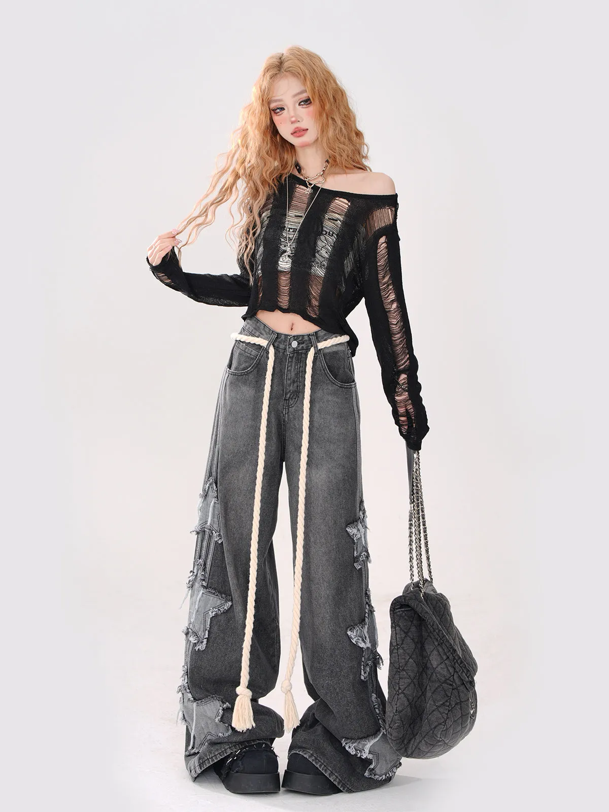 Short Top Ripped   Knit Off-Shoulder Lace-Up Top Back Tube