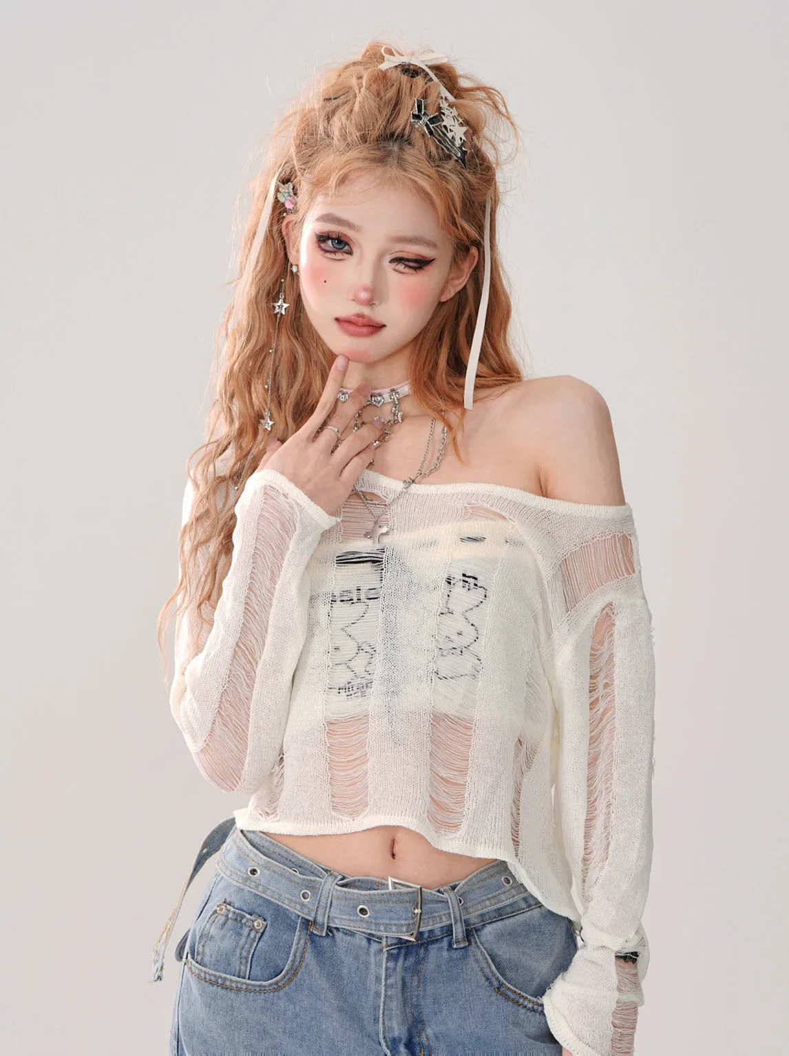 Short Top Ripped   Knit Off-Shoulder Lace-Up Top Back Tube