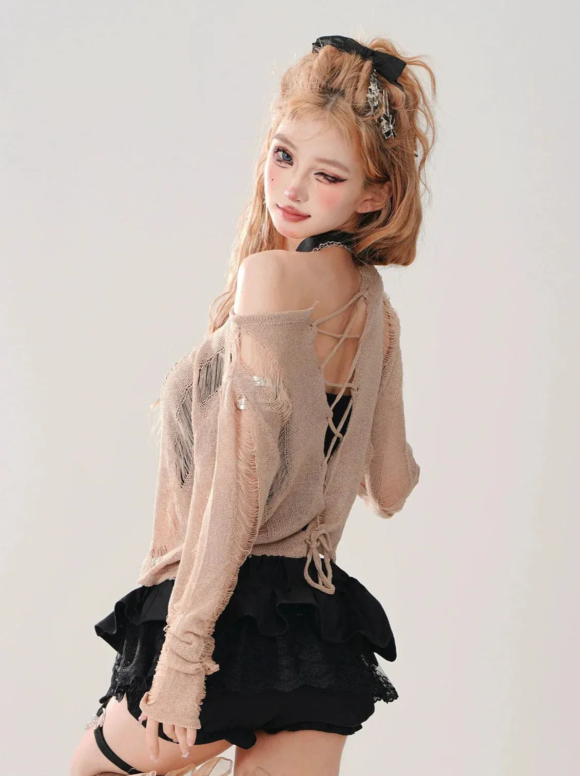 Short Top Ripped   Knit Off-Shoulder Lace-Up Top Back Tube