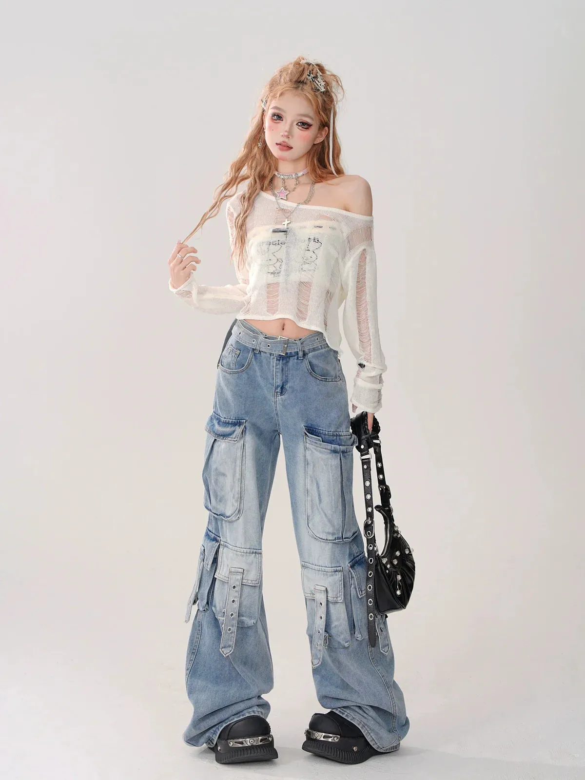 Short Top Ripped   Knit Off-Shoulder Lace-Up Top Back Tube
