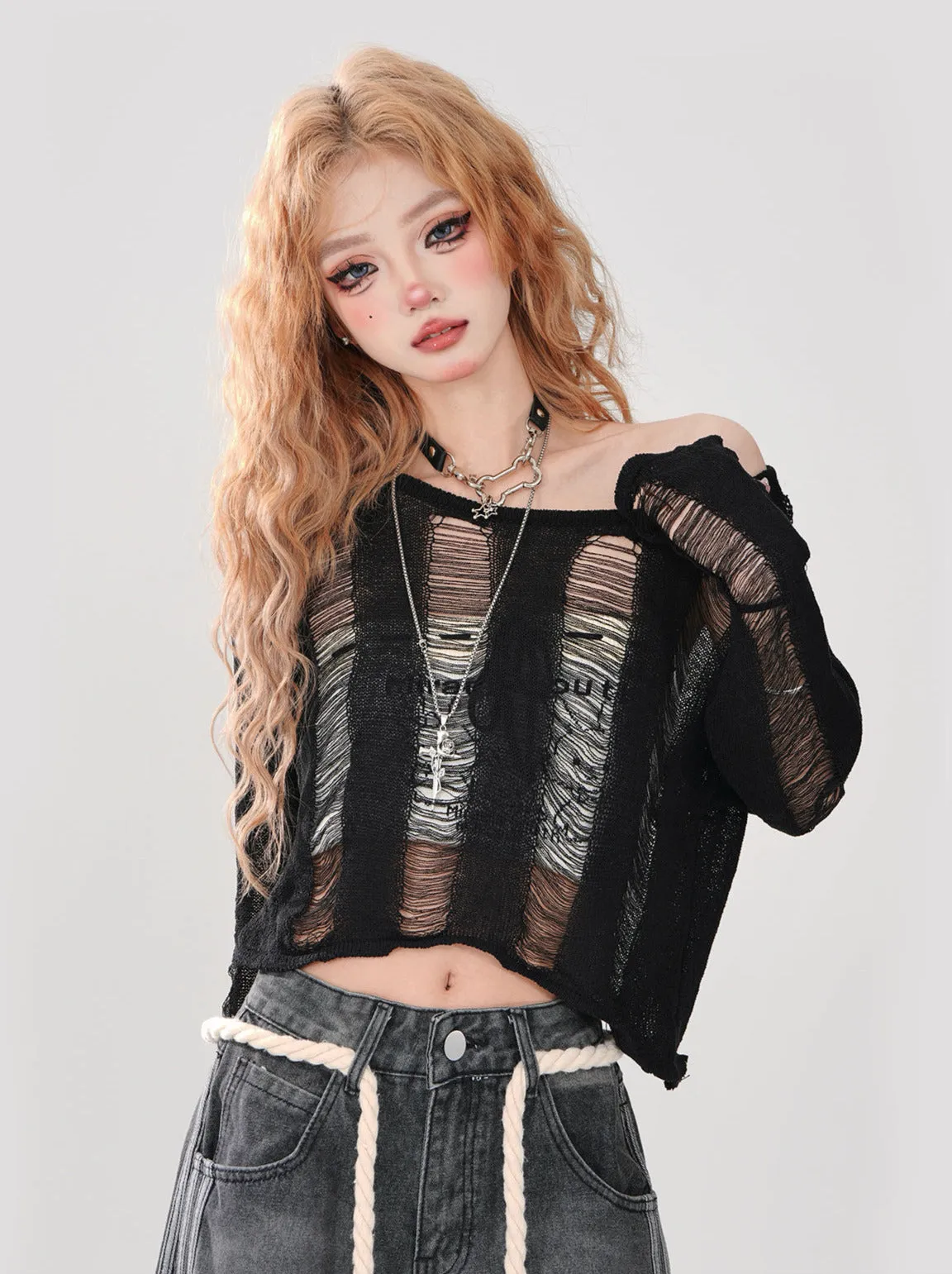 Short Top Ripped   Knit Off-Shoulder Lace-Up Top Back Tube