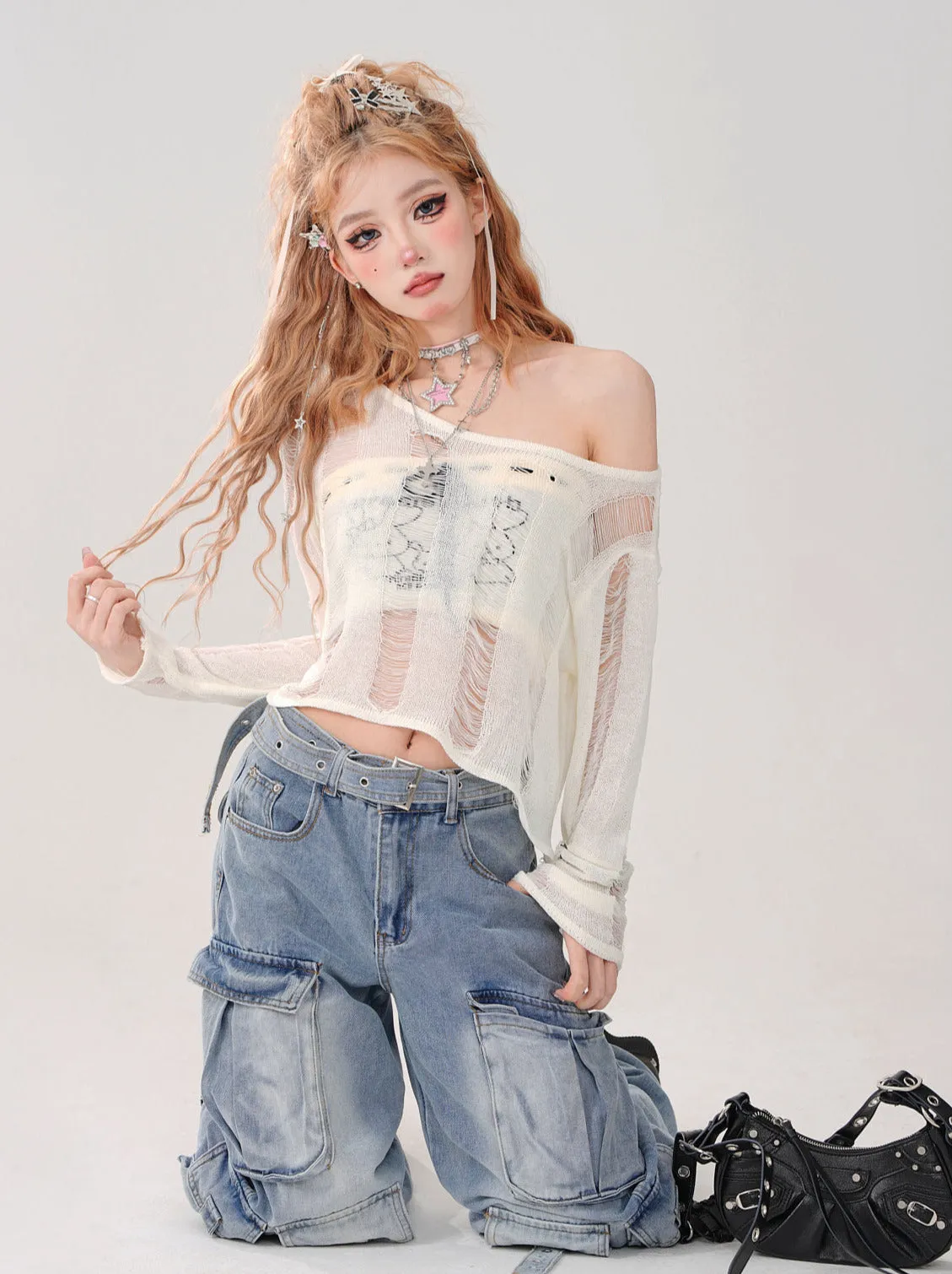 Short Top Ripped   Knit Off-Shoulder Lace-Up Top Back Tube