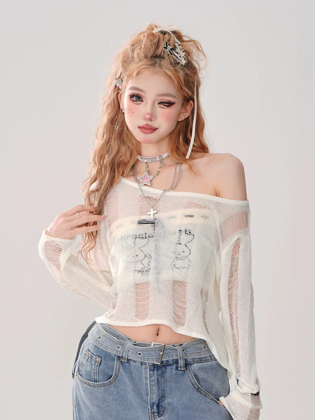 Short Top Ripped   Knit Off-Shoulder Lace-Up Top Back Tube
