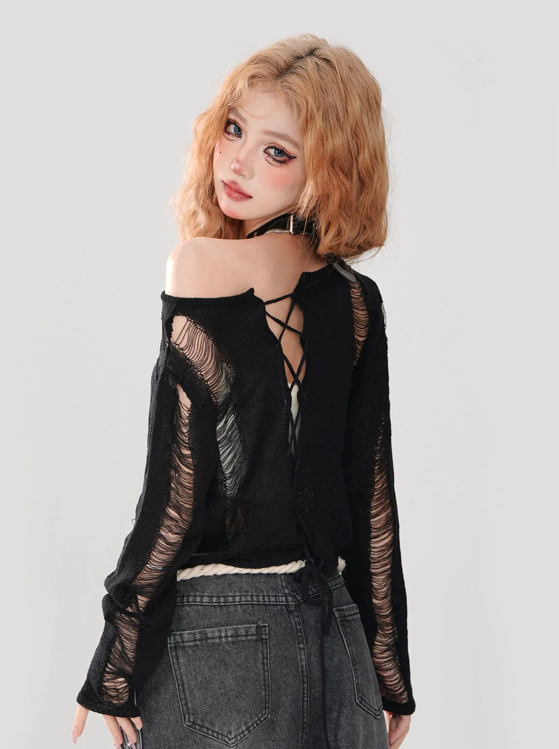 Short Top Ripped   Knit Off-Shoulder Lace-Up Top Back Tube