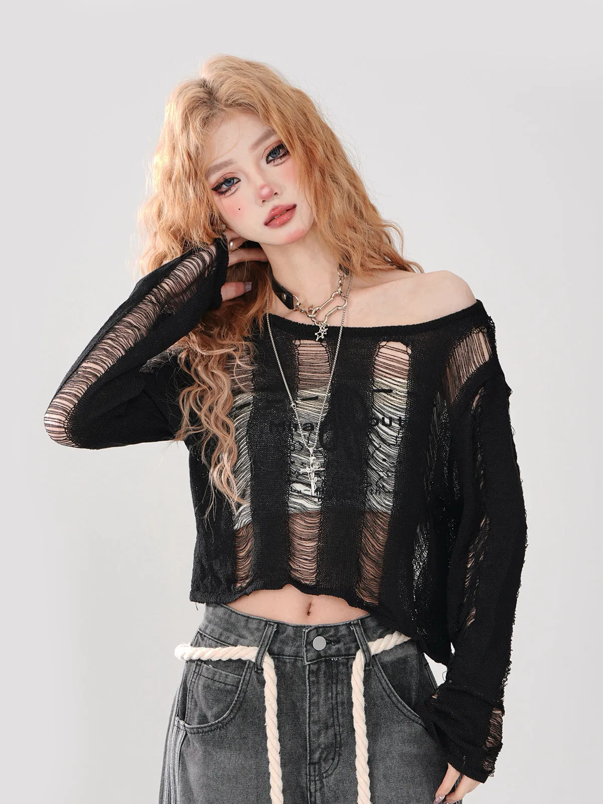 Short Top Ripped   Knit Off-Shoulder Lace-Up Top Back Tube