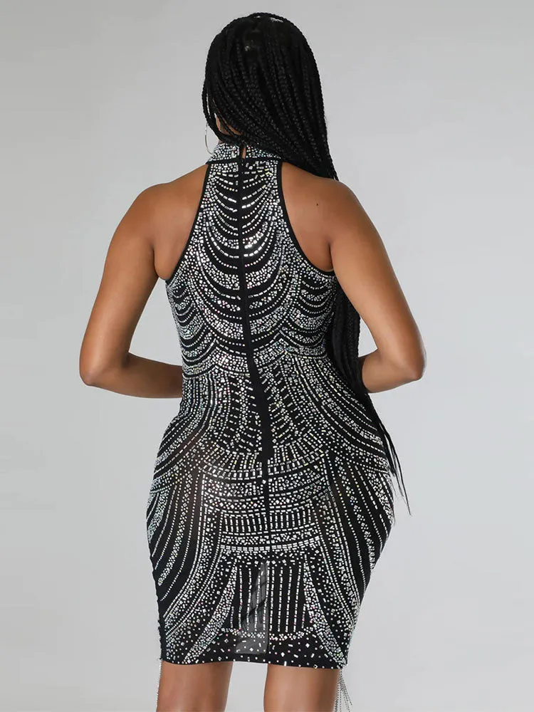 Sleeveless Rhinestone Tassel Mini Dresses
