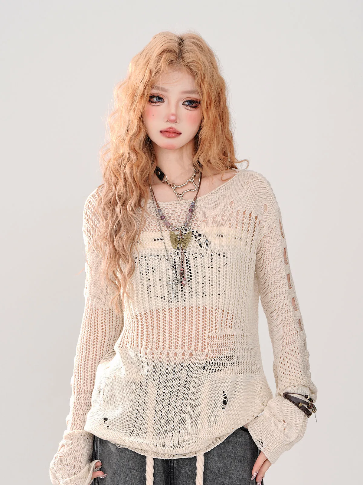 Summer Knit   Tube Top Openwork Sheer Ripped