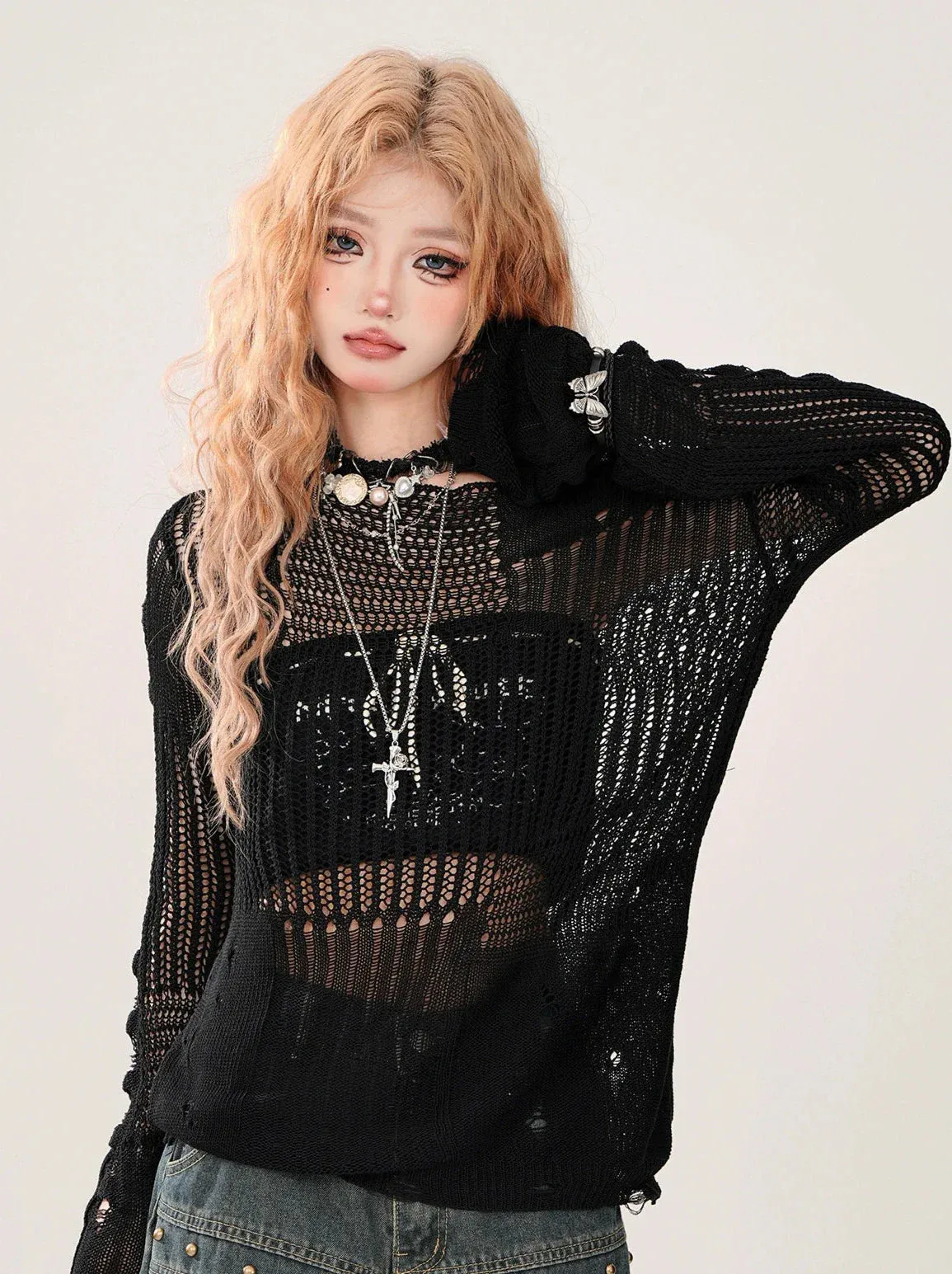 Summer Knit   Tube Top Openwork Sheer Ripped