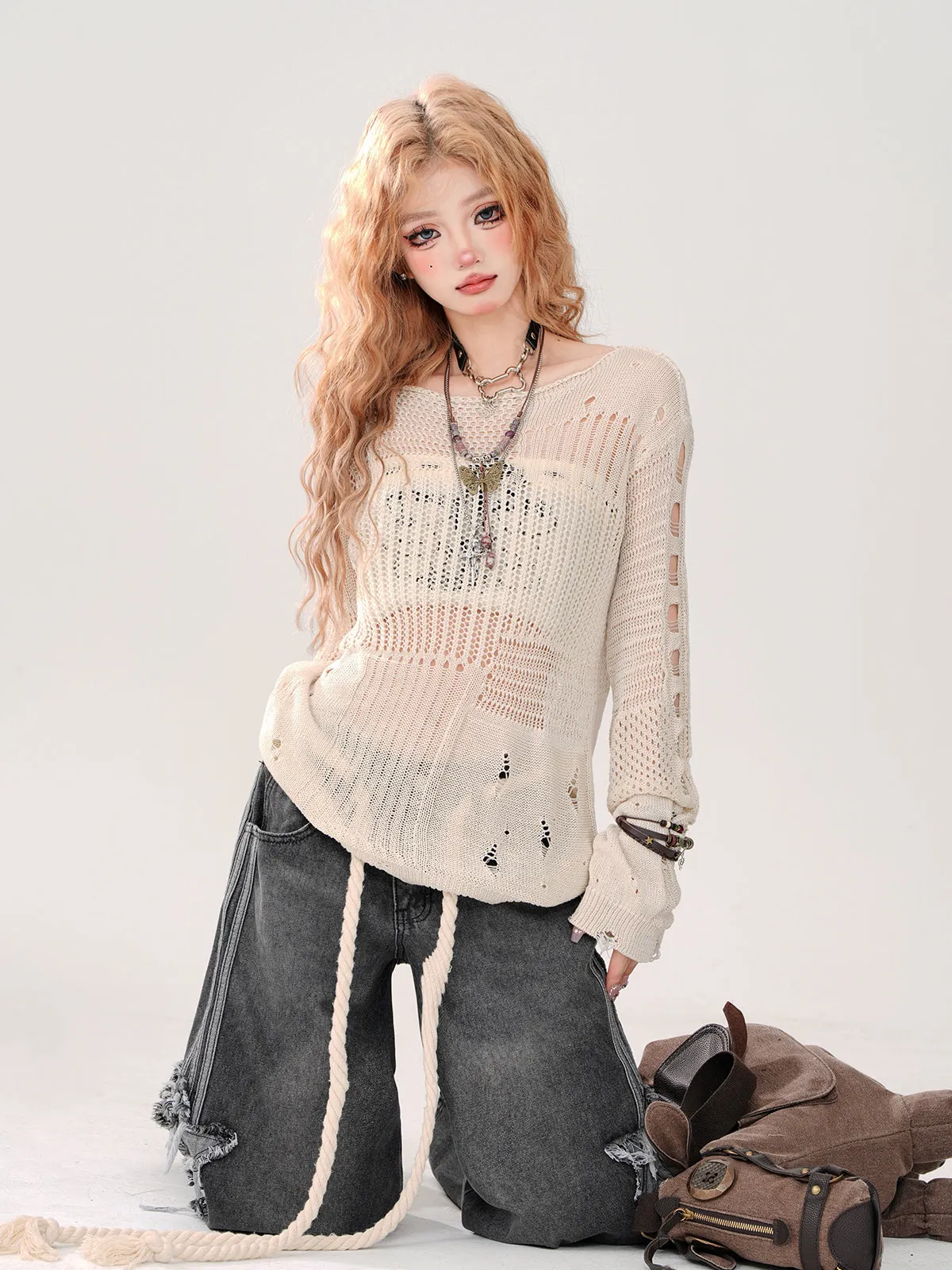 Summer Knit   Tube Top Openwork Sheer Ripped