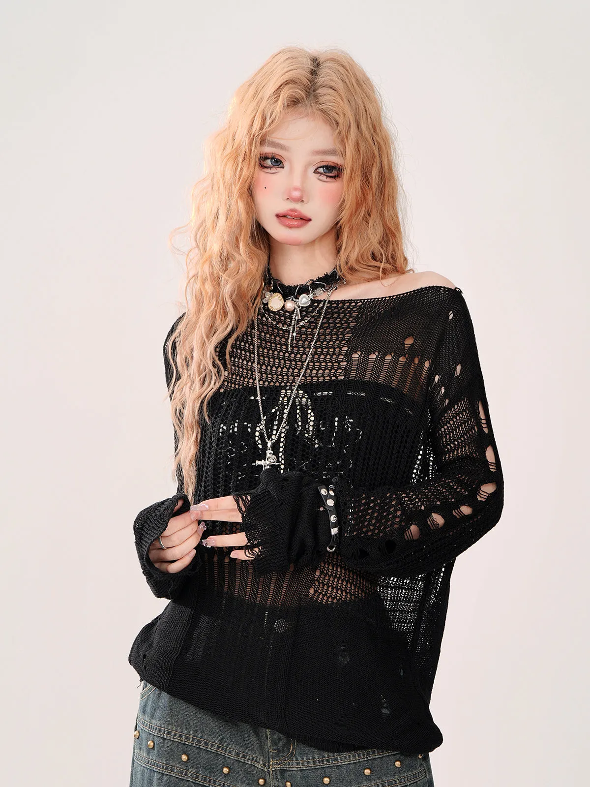 Summer Knit   Tube Top Openwork Sheer Ripped