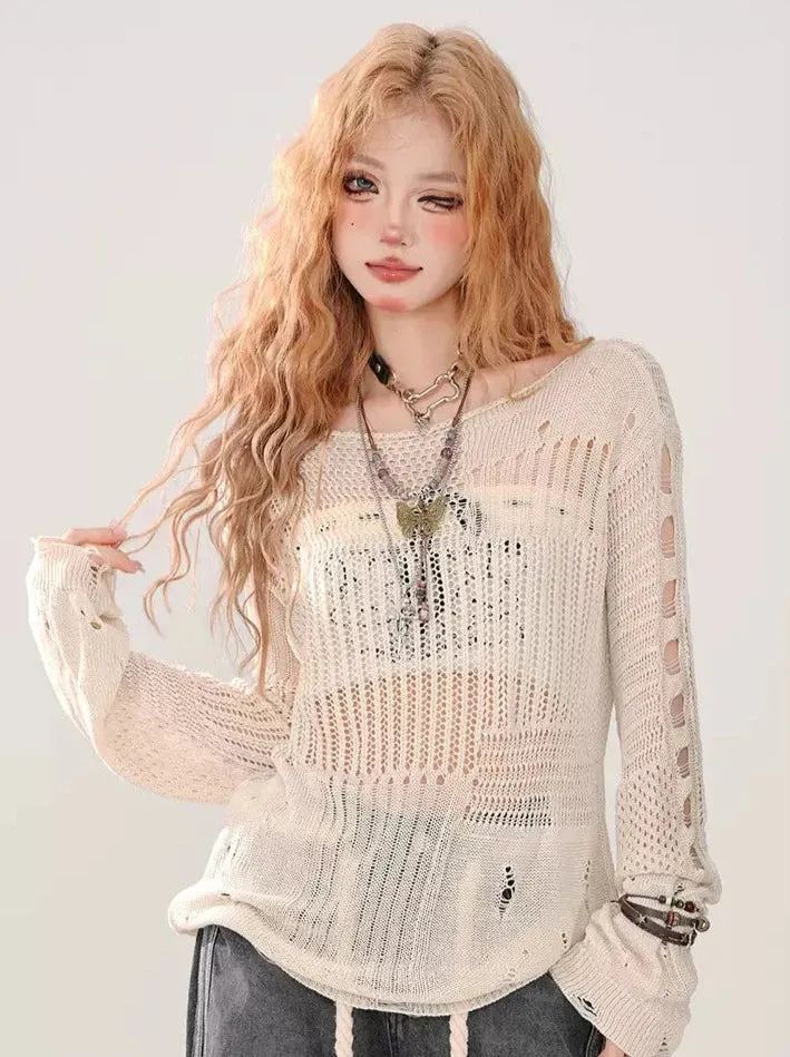 Summer Knit   Tube Top Openwork Sheer Ripped