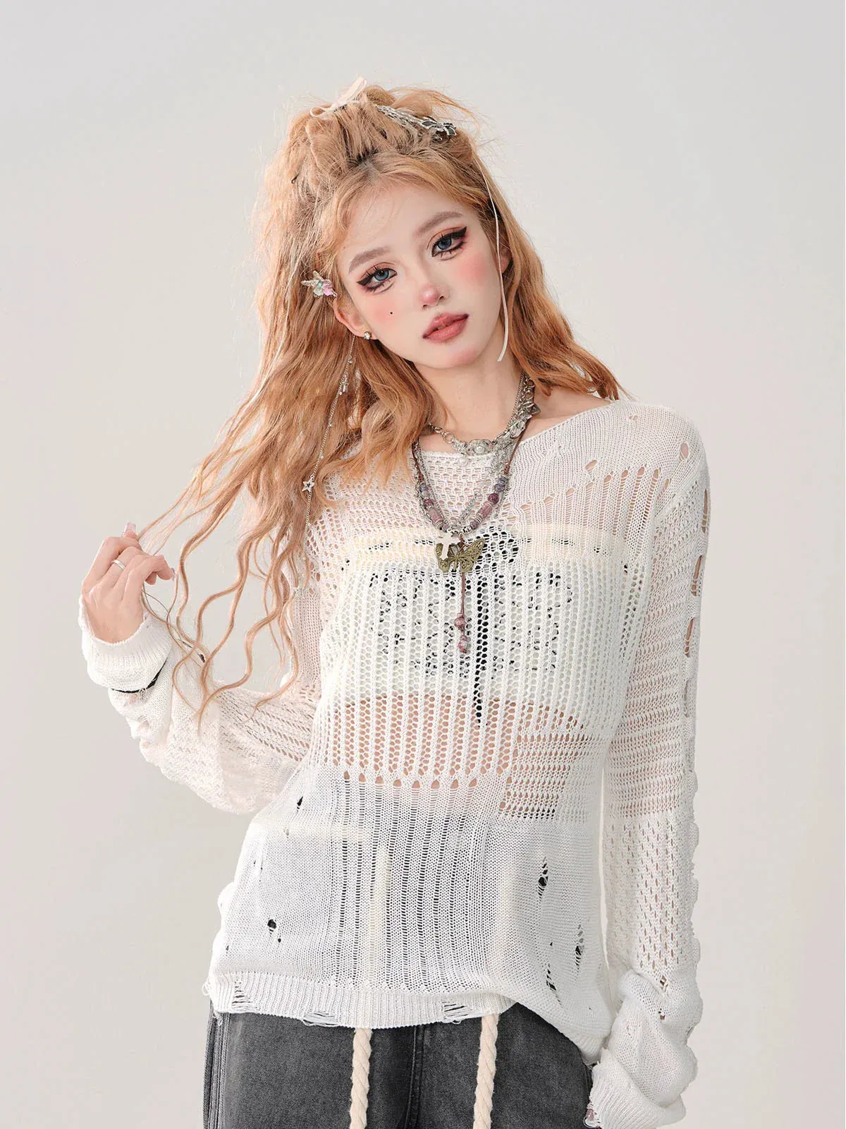 Summer Knit   Tube Top Openwork Sheer Ripped