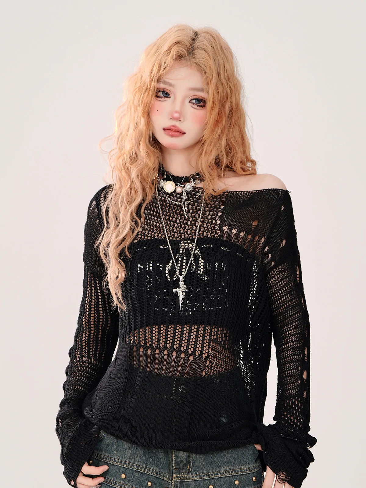 Summer Knit   Tube Top Openwork Sheer Ripped