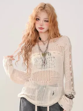 Summer Knit   Tube Top Openwork Sheer Ripped