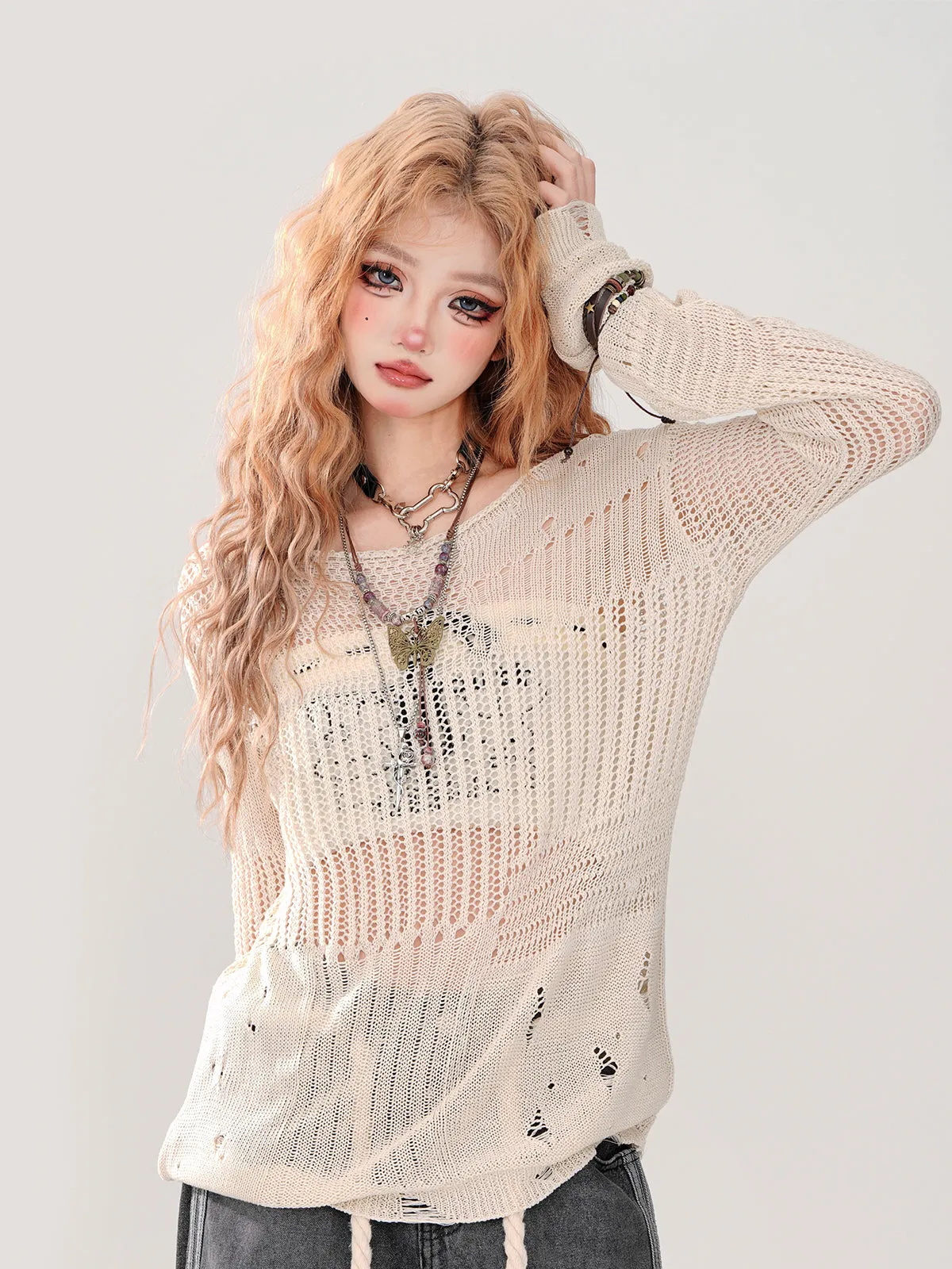 Summer Knit   Tube Top Openwork Sheer Ripped