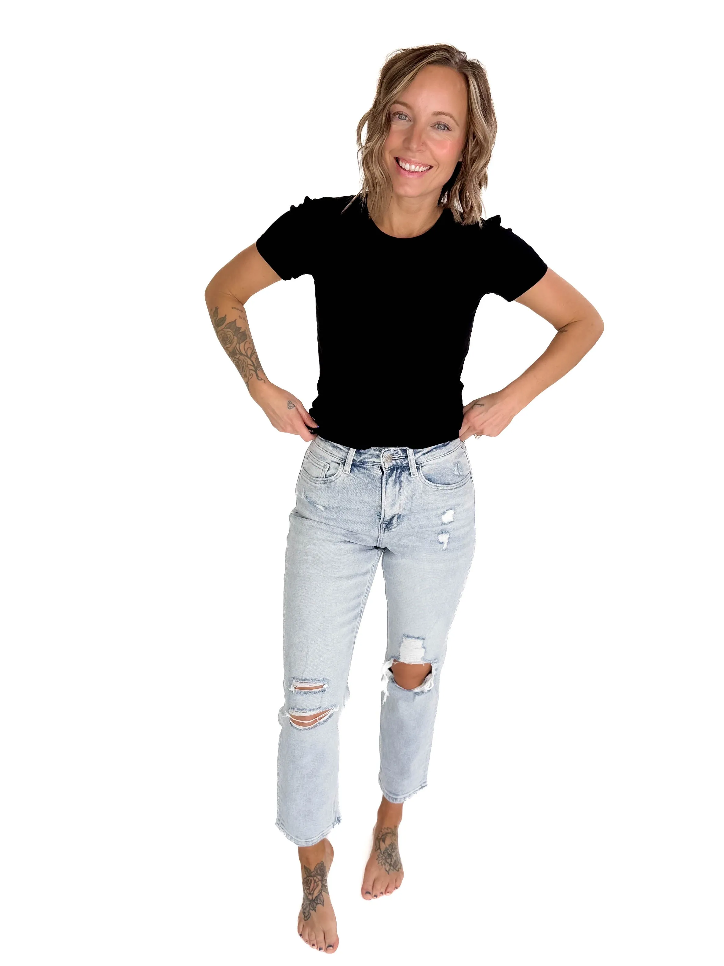 VERVET Flora Ripped Stretch Mom Jean- MEDIUM