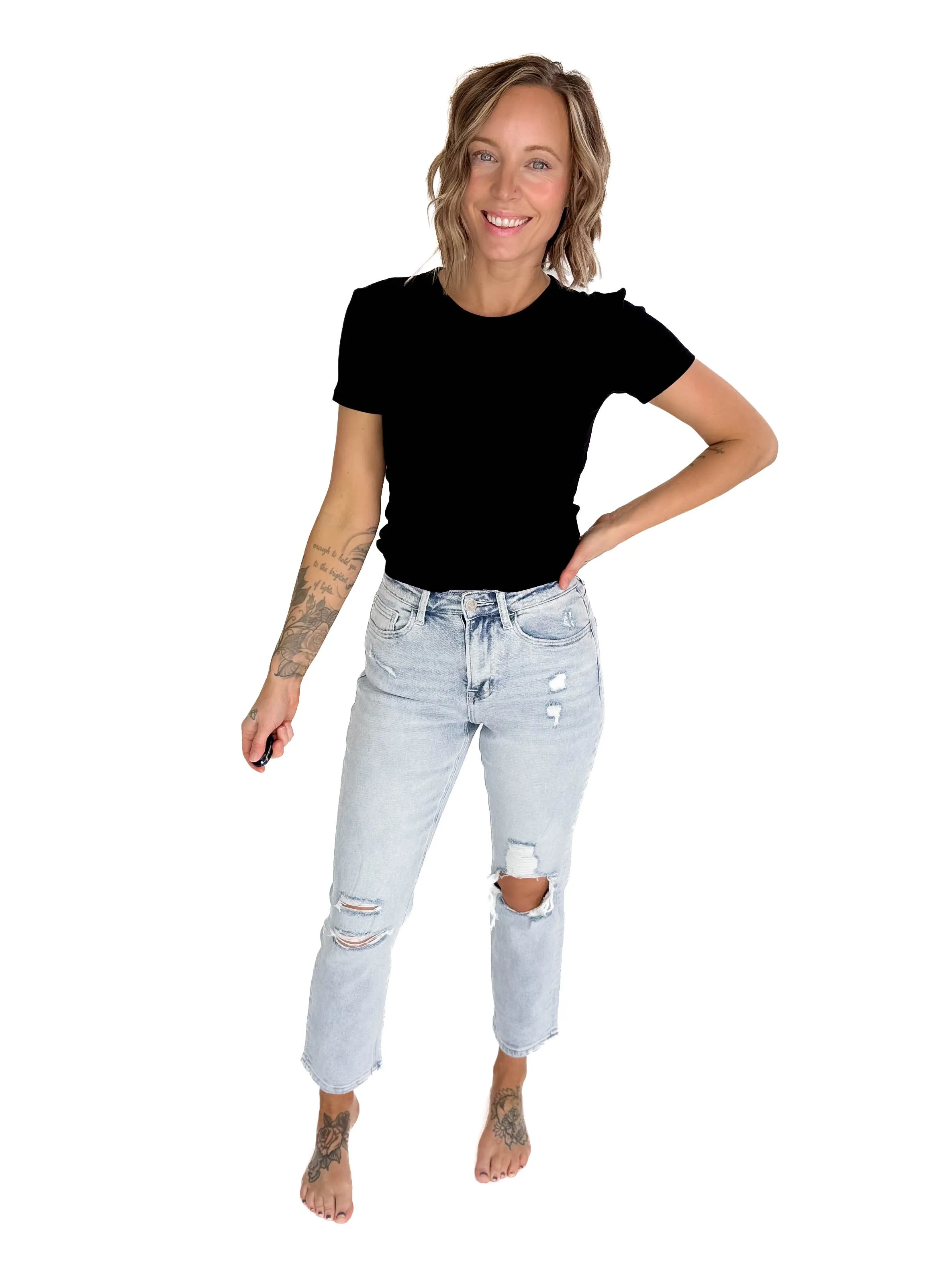 VERVET Flora Ripped Stretch Mom Jean- MEDIUM