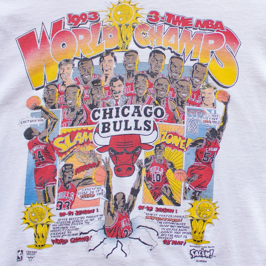 Vintage 1990s Distressed Chicago Bulls 3-Peat Comic Strip Tee - Large