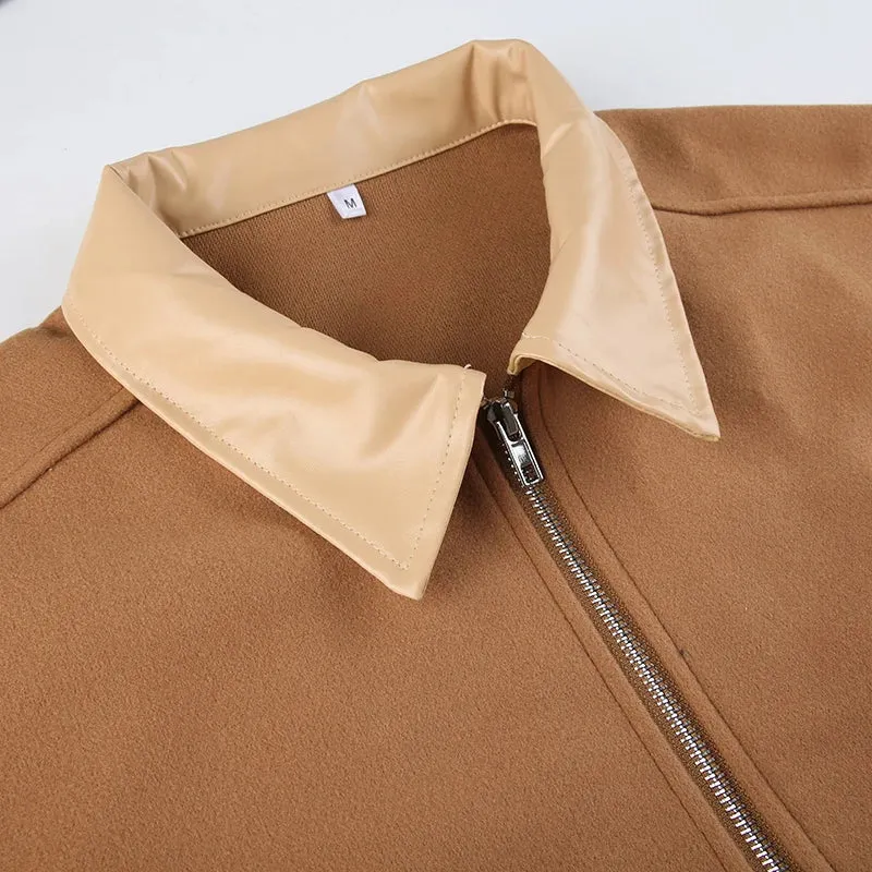 Vintage Zip Up PU Leather  Patchwork Jacket