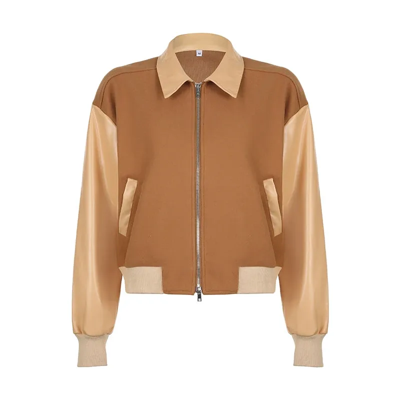 Vintage Zip Up PU Leather  Patchwork Jacket