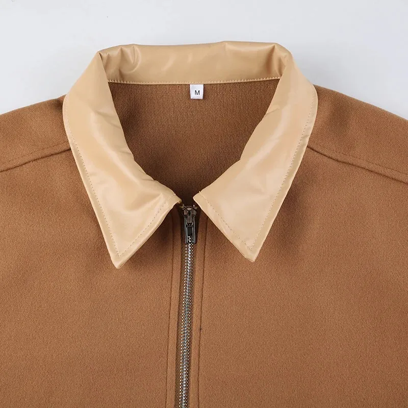 Vintage Zip Up PU Leather  Patchwork Jacket