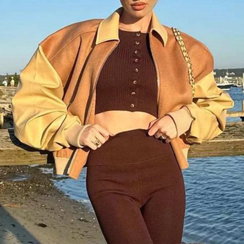 Vintage Zip Up PU Leather  Patchwork Jacket