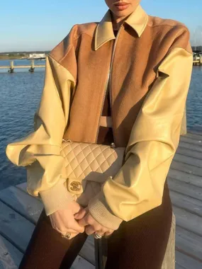 Vintage Zip Up PU Leather  Patchwork Jacket