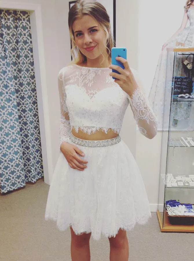 White Cocktail Dresses,Two Piece Cocktail Dresses,Cocktail Dress with Sleeves,CD00039