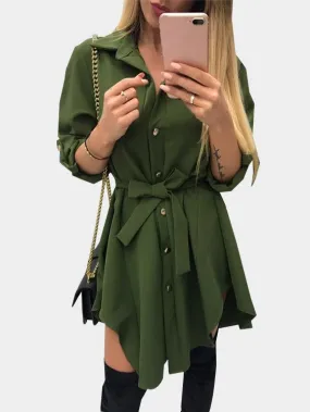 Wholesale Army Green Classic Collar Long Sleeve Plain Lace-Up Irregular Hem Mini Dress
