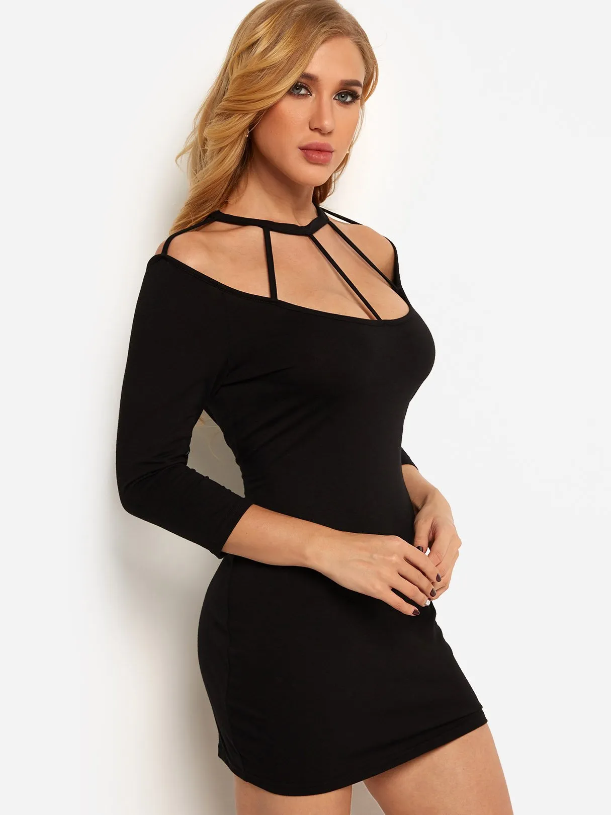 Wholesale Black 3/4 Length Sleeve Plain Cut Out Mini Dress